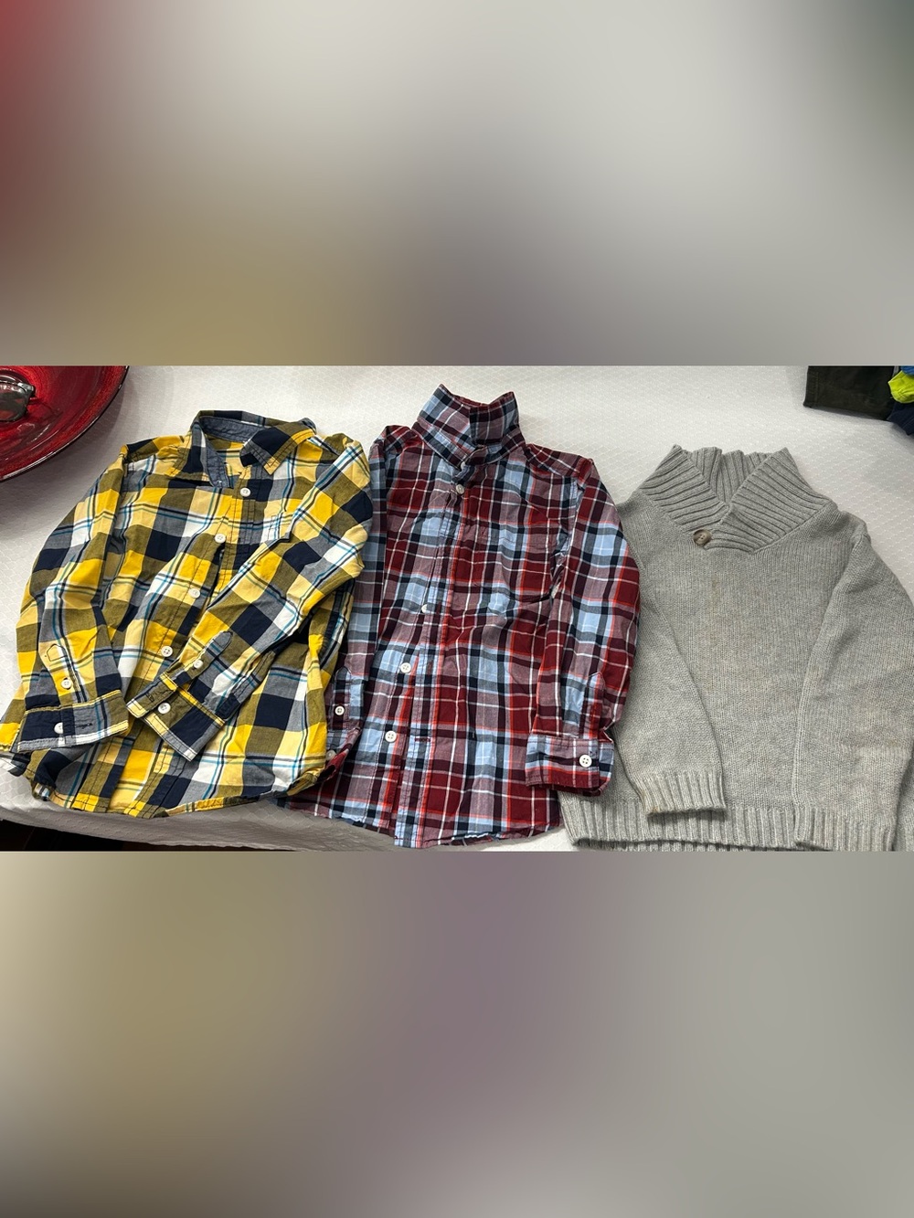 Boy’s Gray Ribbed Funnel Neck Sweater, 2 bottom down plaid shirts